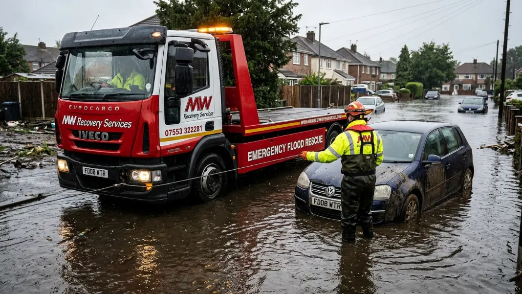 Flatbed recovery truck winching flood-damaged car from flooded Manchester street