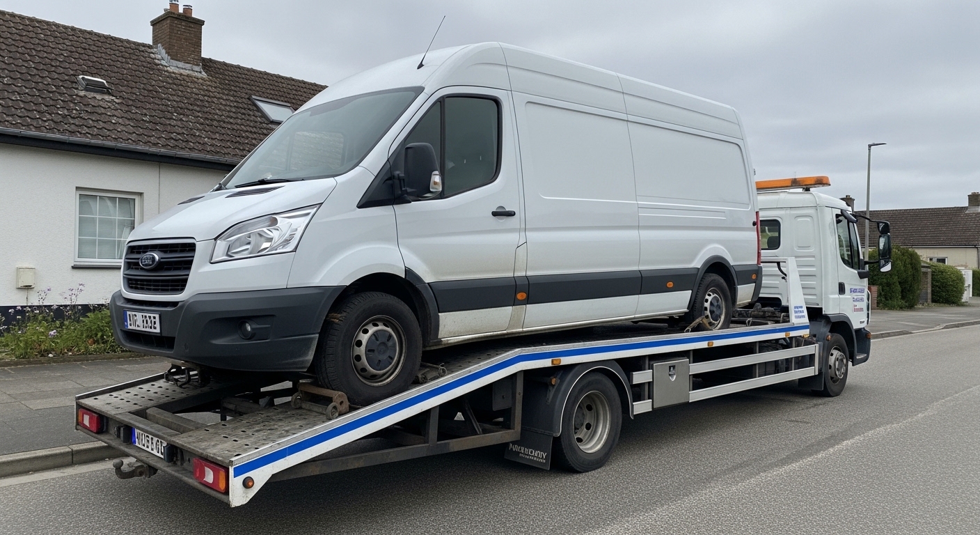 White Sprinter van being recovered on a flatbed truck showing MW Recovery van recovery service across Greater Manchester