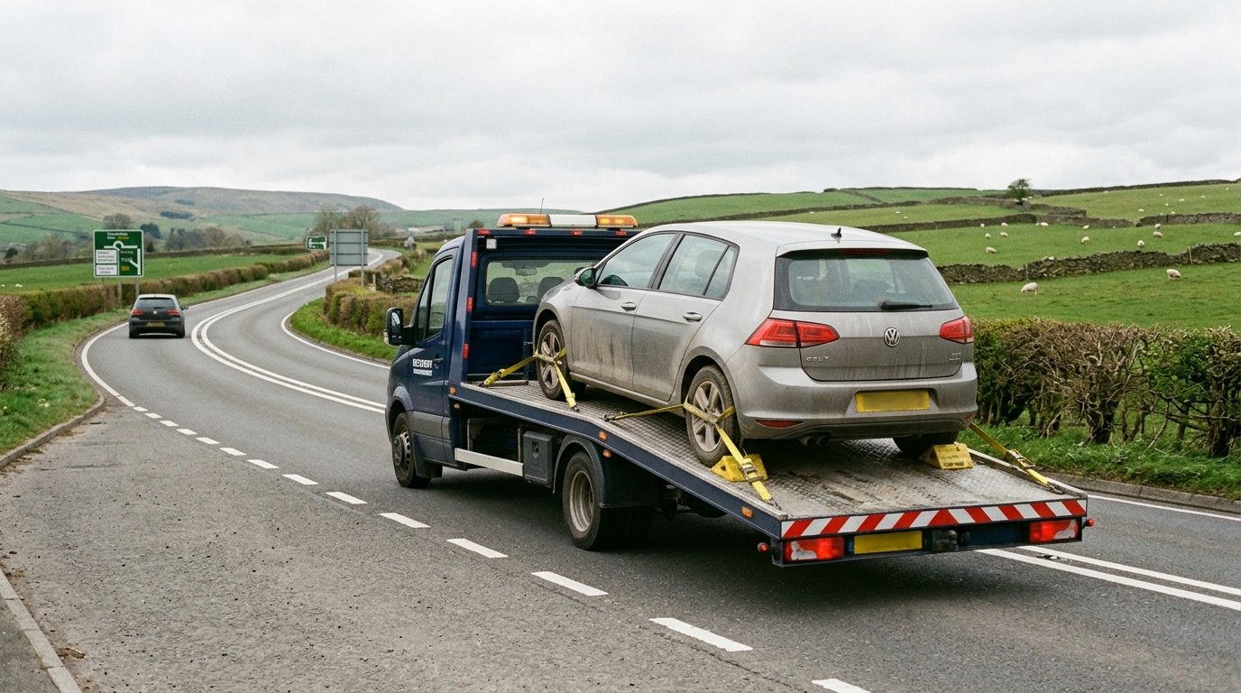 Flatbed recovery truck loading car in Manchester — local recovery versus national breakdown cover