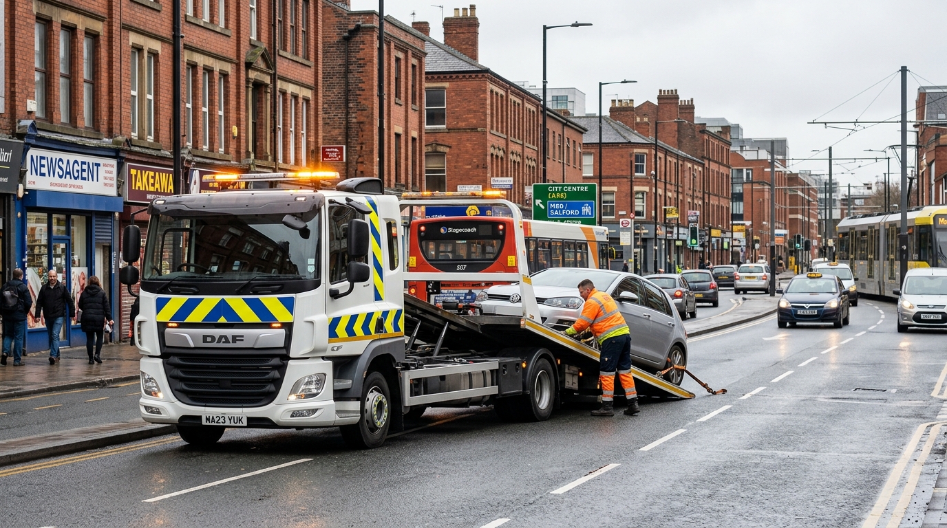 MW Recovery Services Manchester local breakdown recovery truck on Greater Manchester road