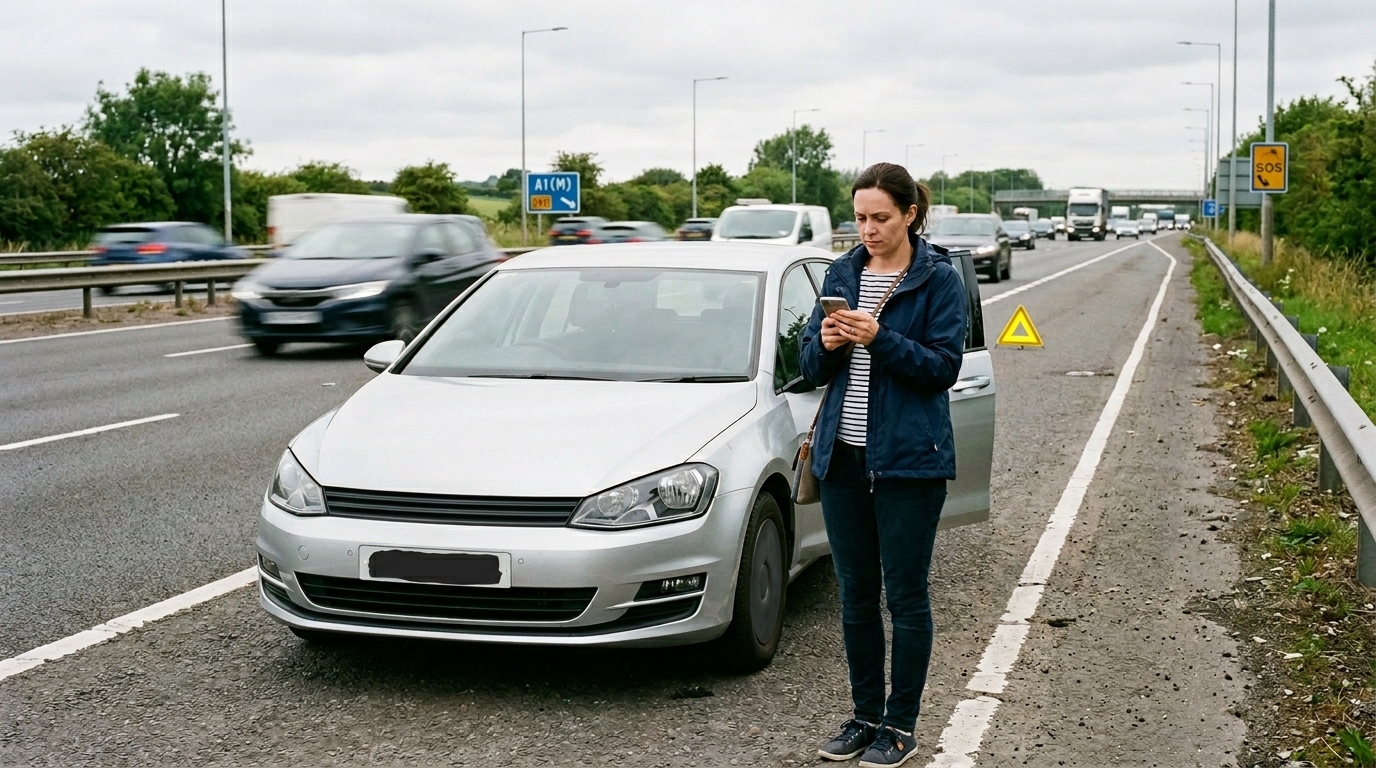 Driver waiting for breakdown recovery on UK motorway hard shoulder checking phone