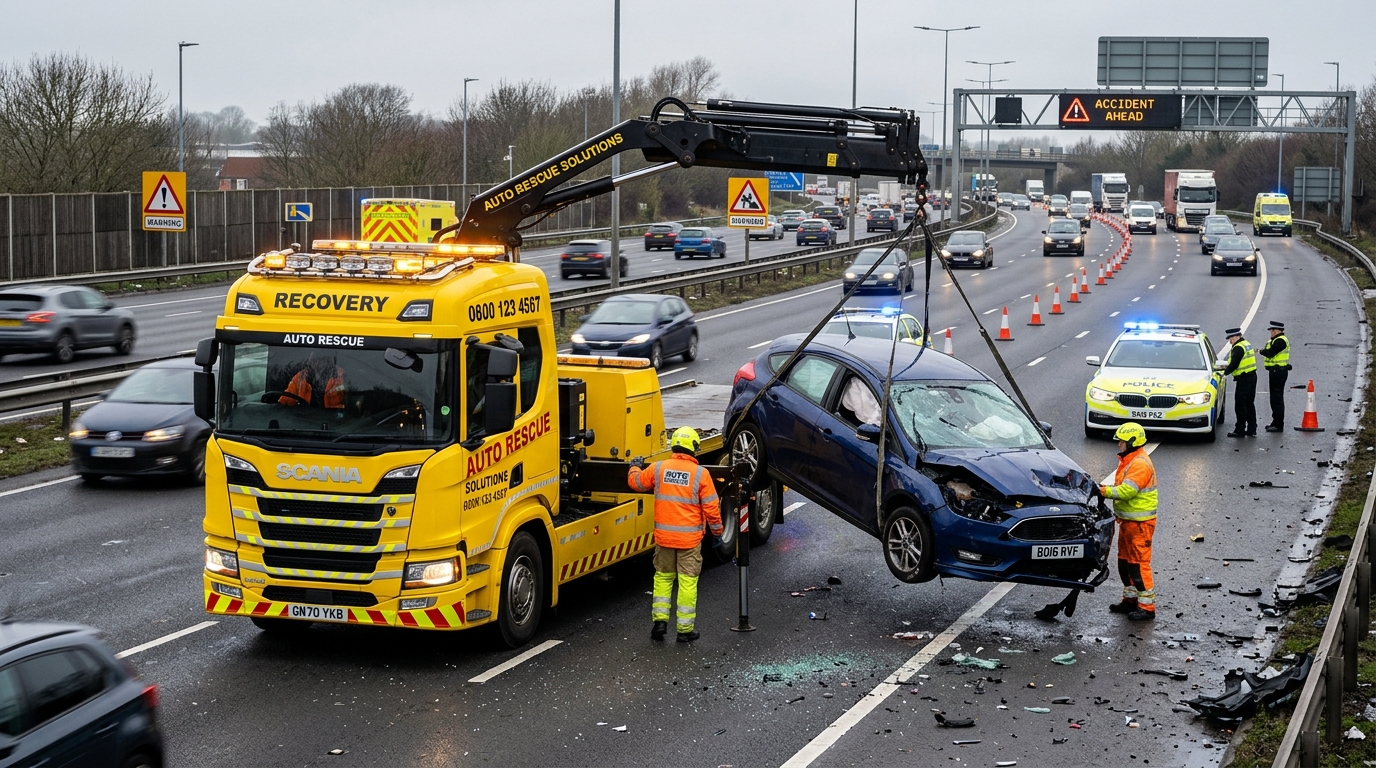 Car accident recovery scene on a Manchester road with flatbed recovery truck and emergency response personnel