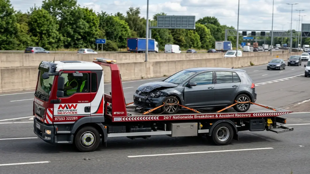 Flatbed recovery truck securing a damaged vehicle in Wigan