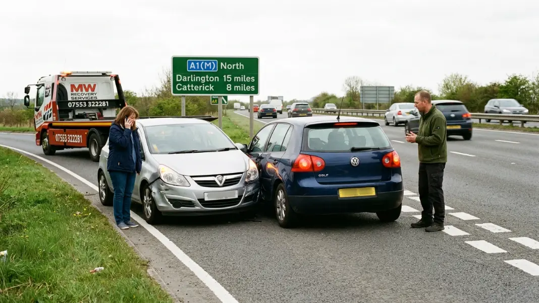 Accident scene on a Wigan road with recovery truck attending
