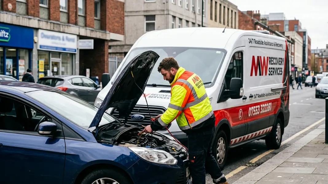 MW Recovery technician fitting a new car battery at the roadside in Manchester