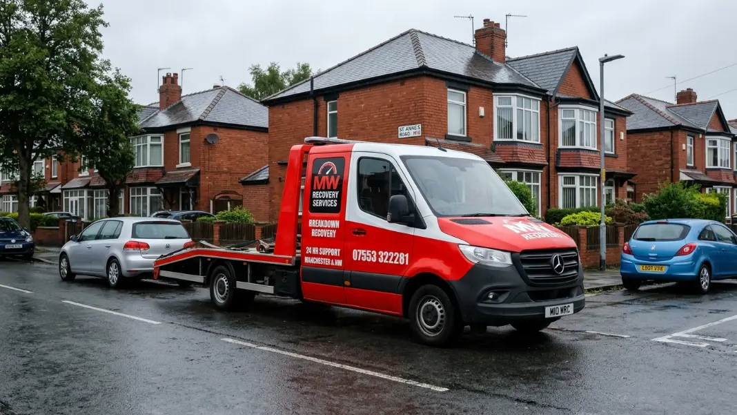 MW Recovery van on a Greater Manchester residential street ready for a mobile battery callout