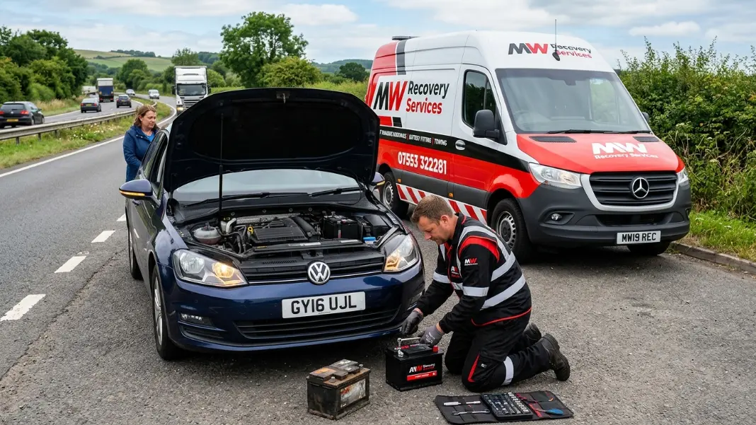 Mechanic fitting a new car battery at the roadside in Salford