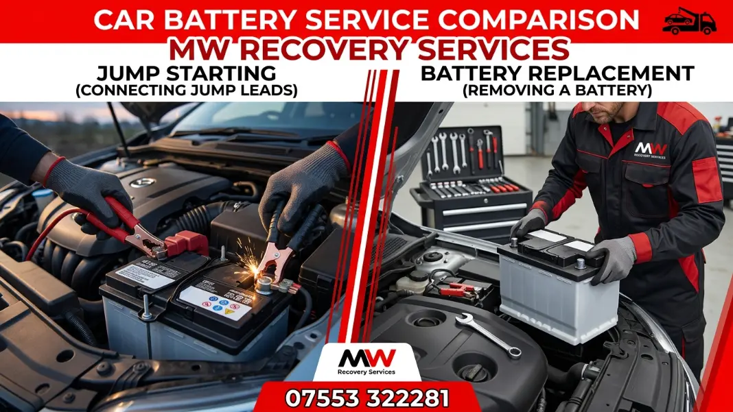 Jump leads connected to a car battery versus a mechanic removing a battery