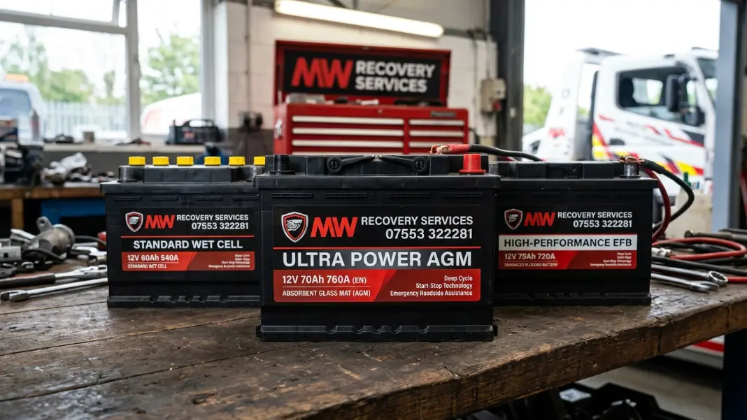 Different car battery types including EFB and AGM batteries