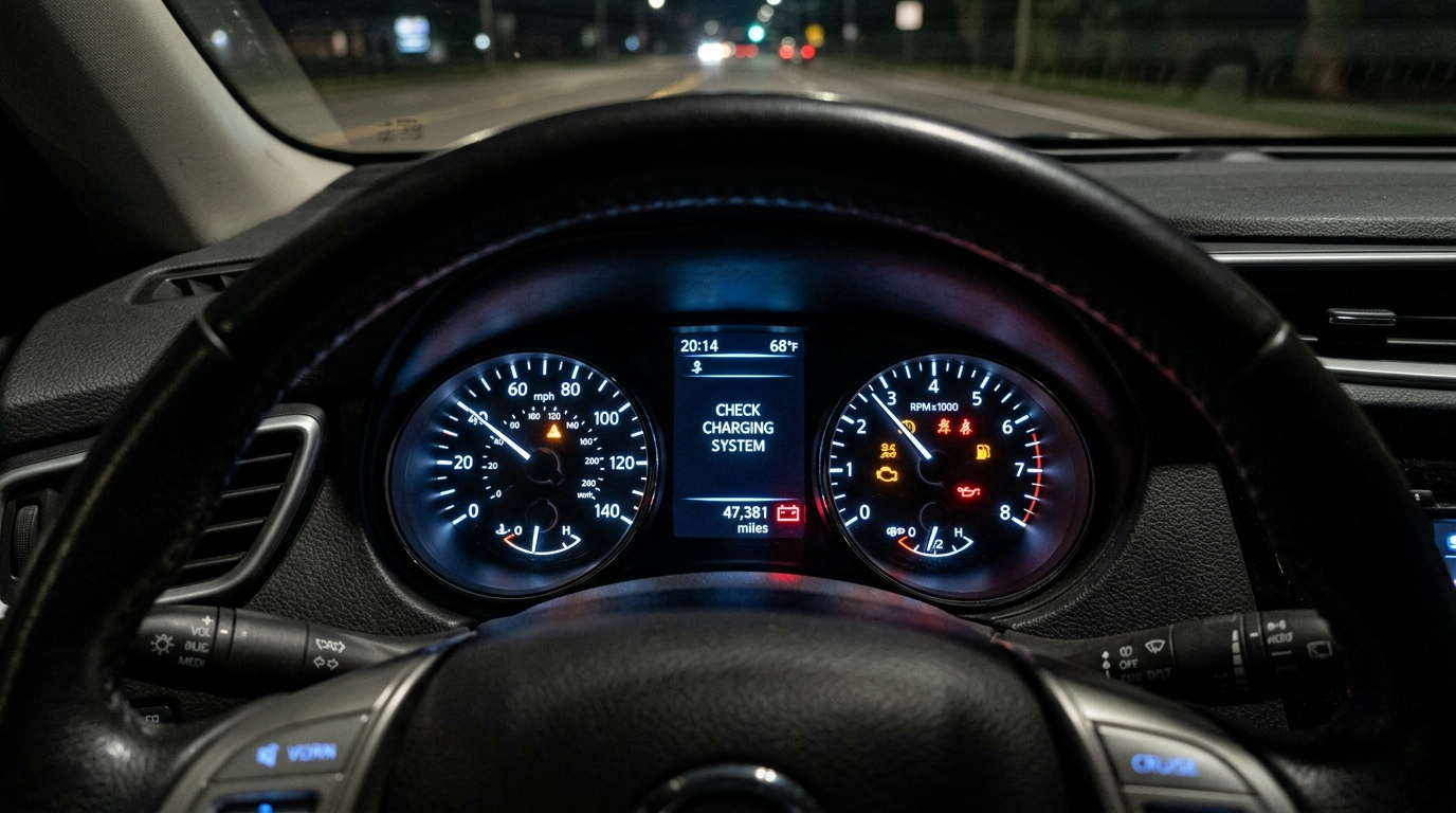 Car dashboard showing red battery warning light illuminated while driving in Manchester
