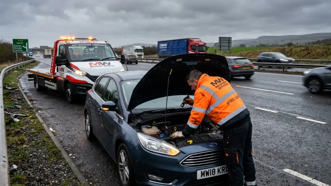 Recovery operator examining engine of broken down car near Rochdale