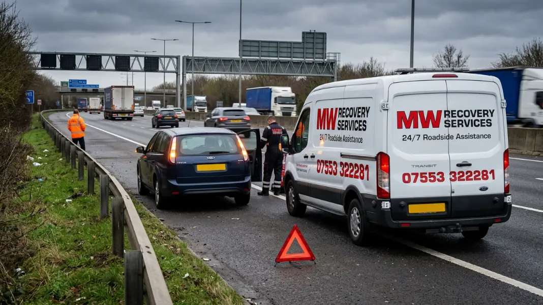 Broken down car on the hard shoulder of M61 near Bolton with hazard lights on