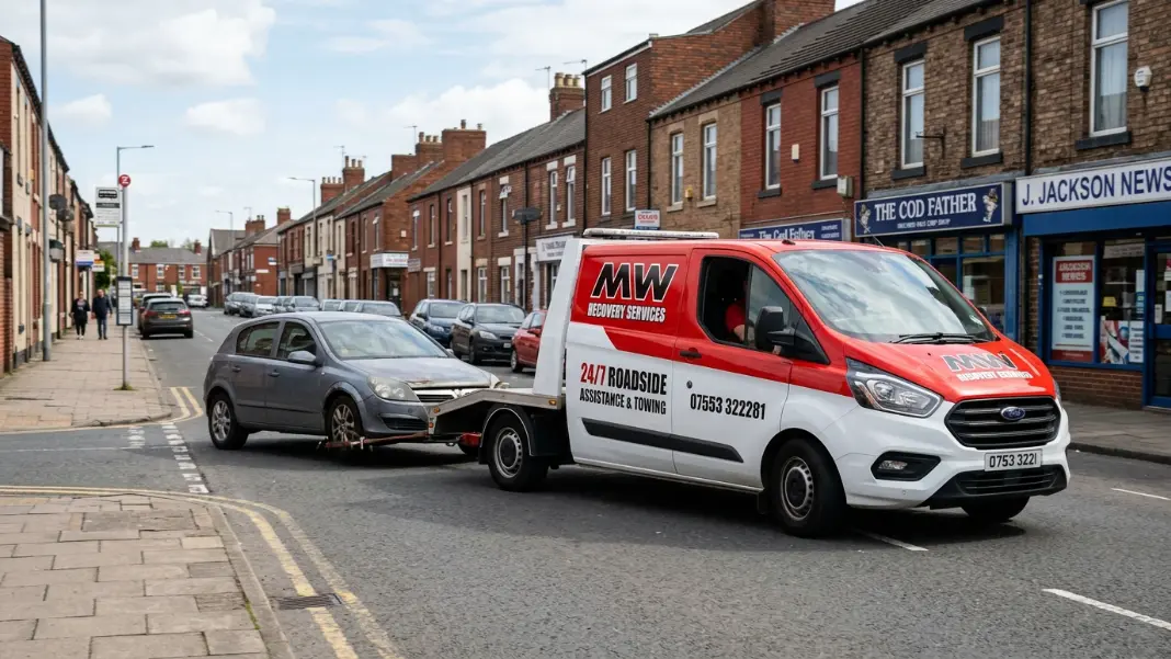 Recovery van towing a car through a Bolton town street