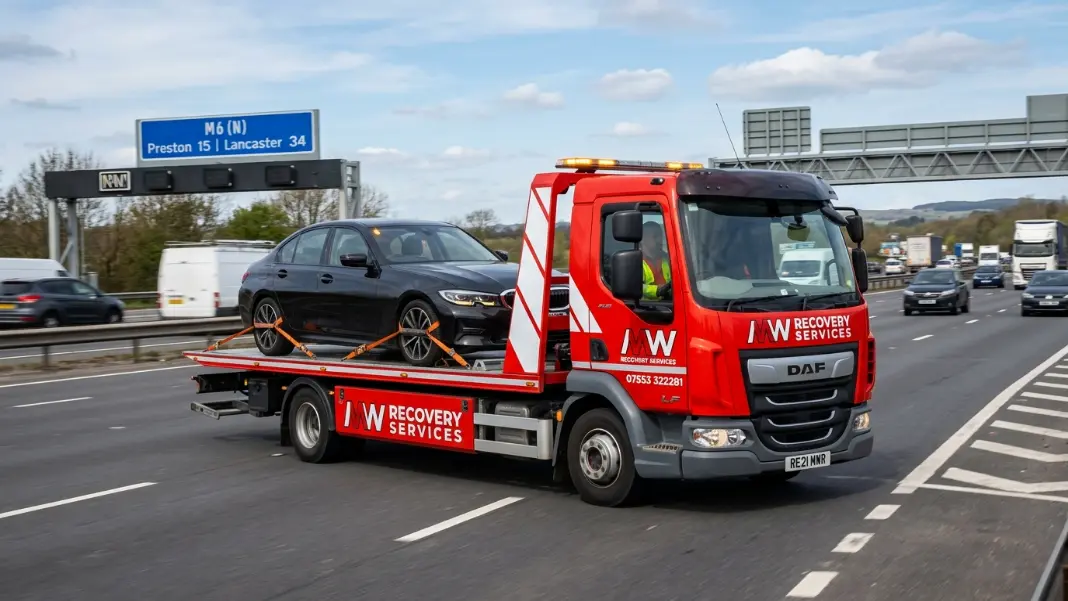 Flatbed recovery truck with a car loaded on a UK motorway