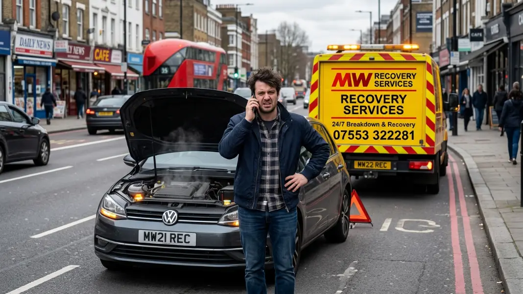 Driver calling for breakdown recovery beside a broken-down car on a UK road