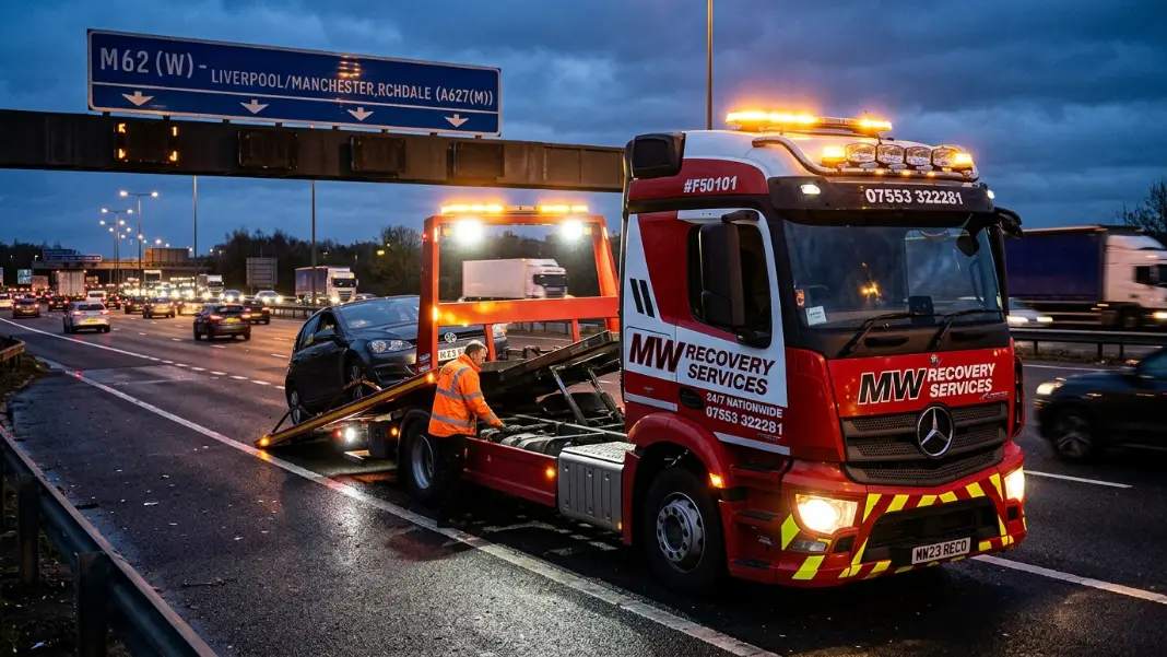 Recovery truck on the M60 motorway near Manchester at dusk