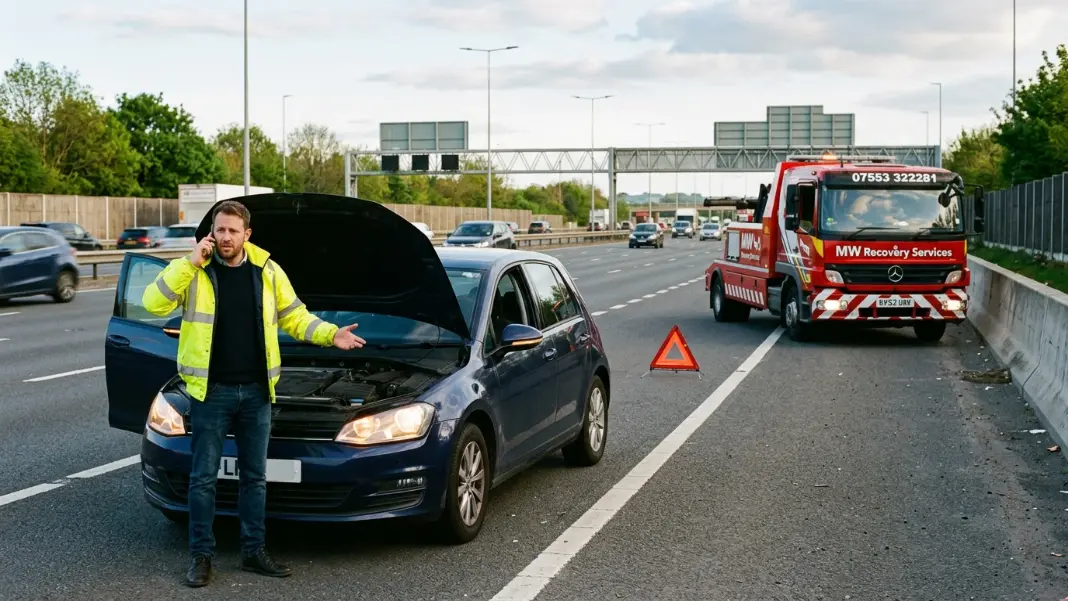 Car broken down on motorway hard shoulder in Greater Manchester
