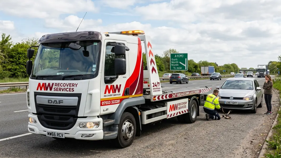 MW Recovery truck attending a vehicle breakdown on a Manchester road