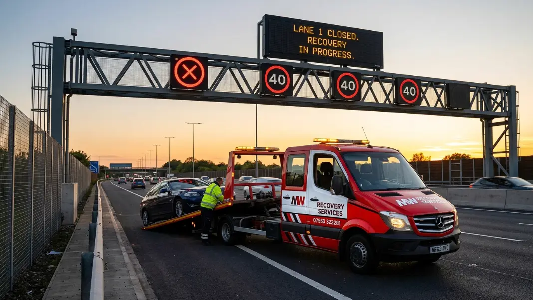 Smart motorway overhead gantry signs on the M60 near Manchester