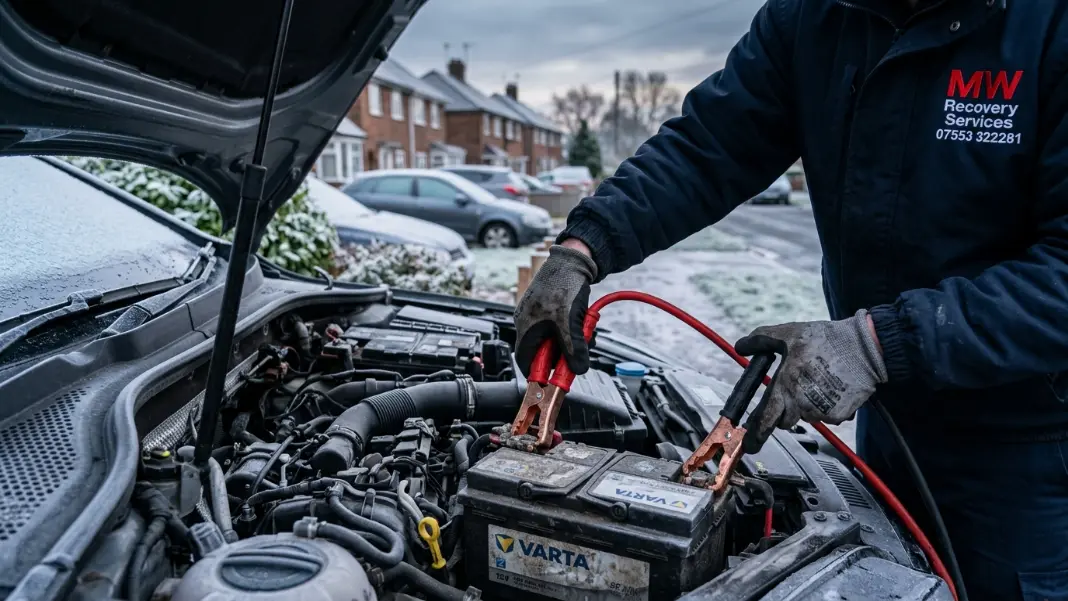 Jump leads attached to a car battery on a frosty north Manchester morning
