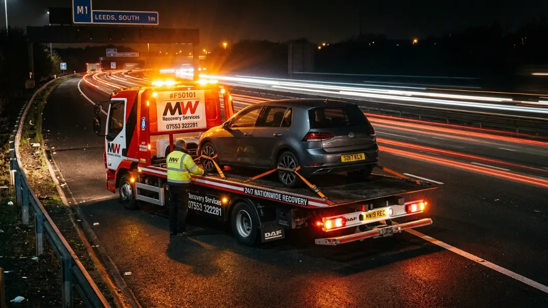 Recovery truck on the M66 motorway near Bury at night with amber beacon lights