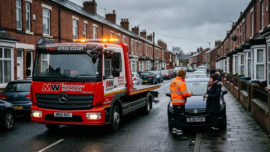 Recovery truck on a narrow Prestwich residential street with terraced houses