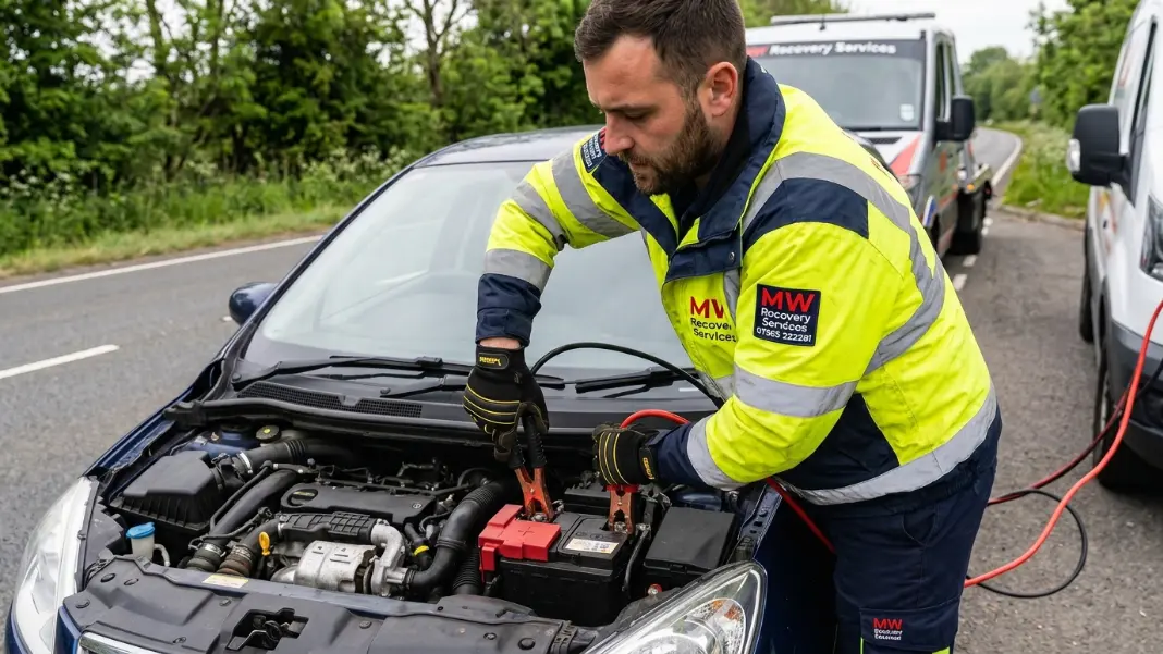 Person correctly connecting jump leads to a car battery with red and black cables