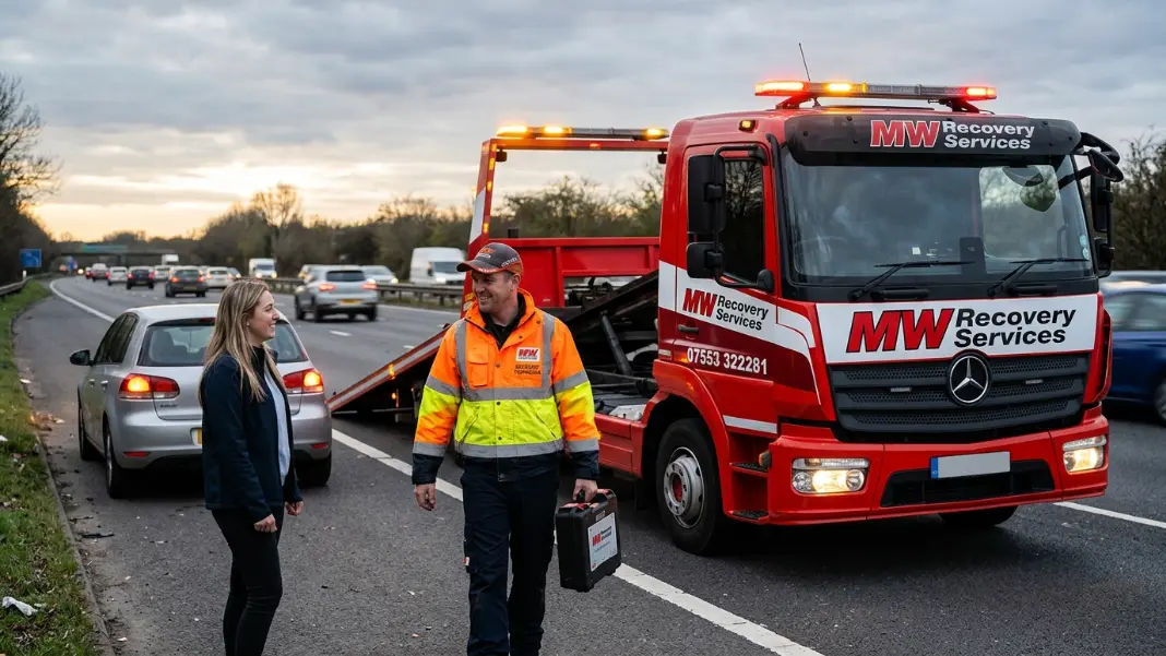 MW Recovery technician arriving to help driver with dead car battery in Manchester