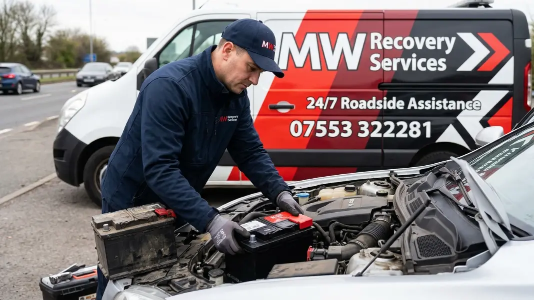 Mechanic fitting a new replacement car battery into engine bay