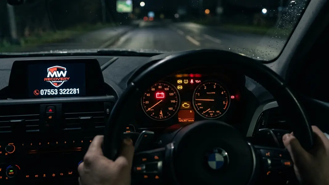 Dashboard battery warning light and other warning lights illuminated on car