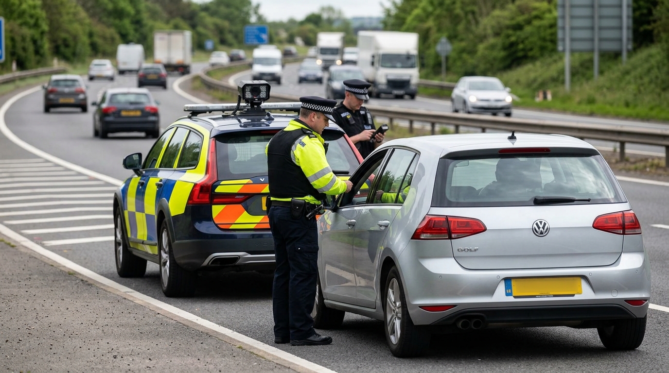 Police stopping a vehicle at roadside for document check