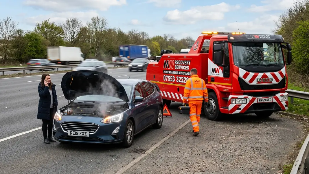 Car bonnet up with visible steam, parked on roadside after overheating