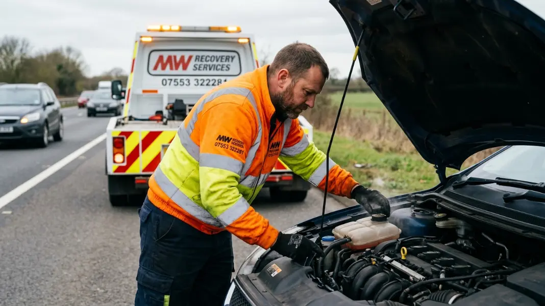 Driver checking coolant reservoir level under the car bonnet