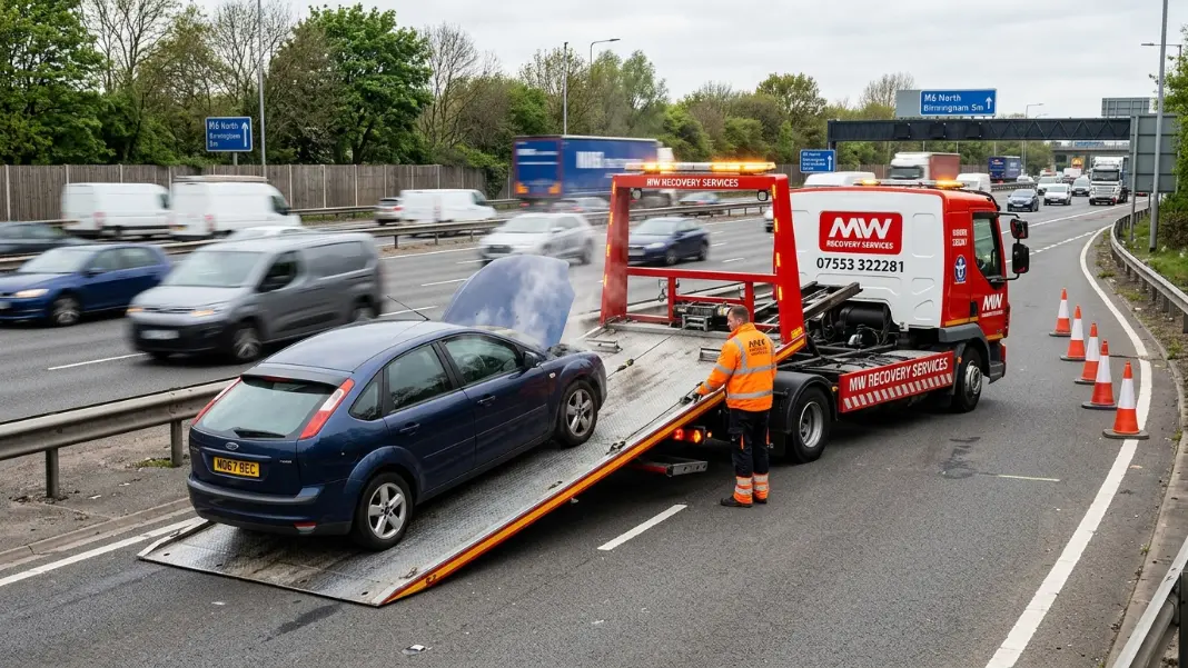 MW Recovery flatbed truck collecting overheated car from motorway hard shoulder