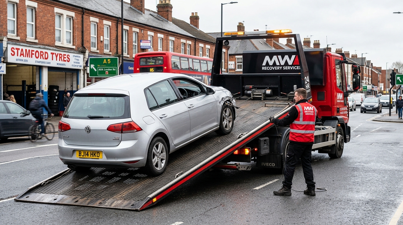 Car being loaded onto MW Recovery flatbed truck