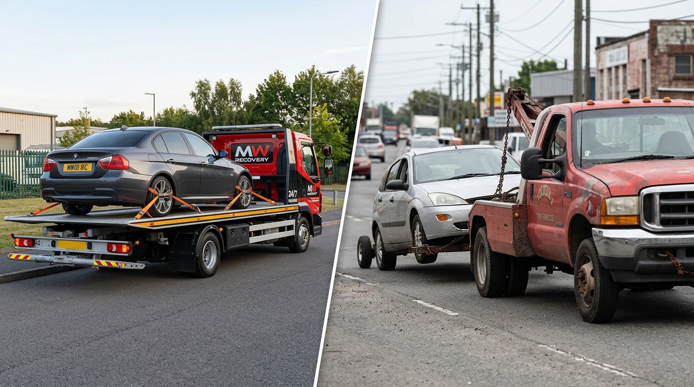Flatbed recovery versus standard tow truck comparison