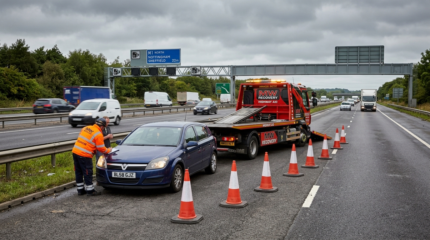 MW Recovery truck on motorway hard shoulder attending breakdown