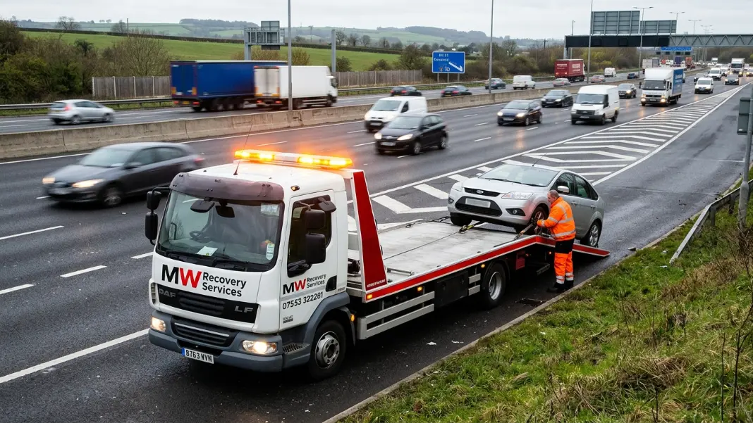 Recovery truck on UK motorway hard shoulder with orange beacon lights flashing
