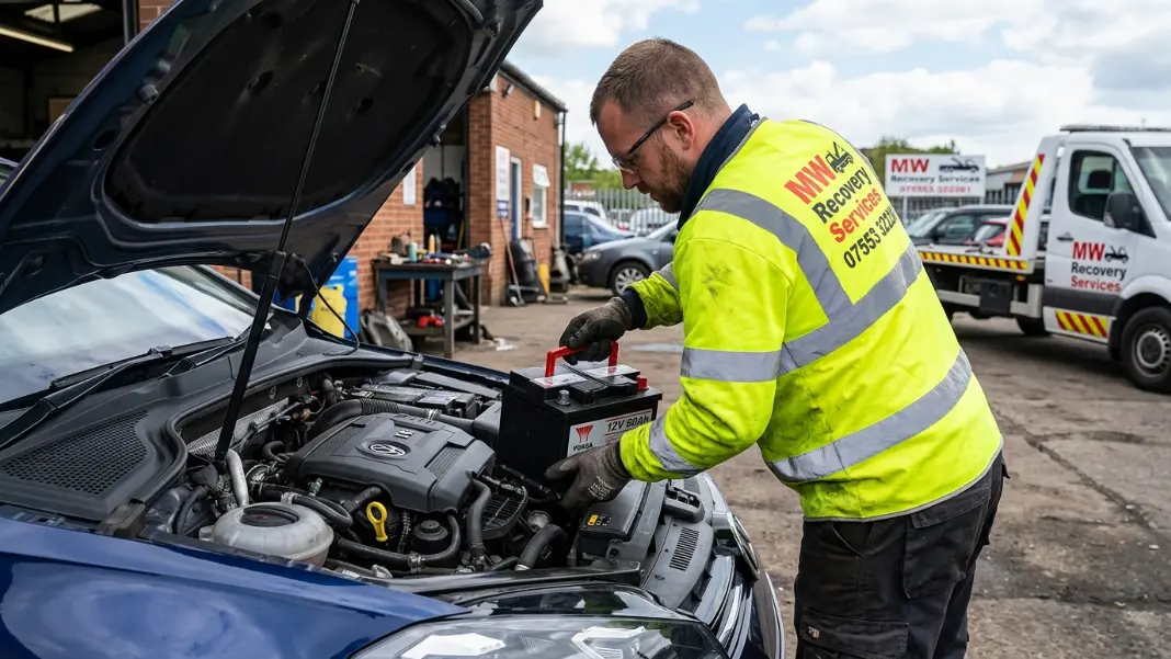 Mechanic fitting new car battery in engine bay during Oldham callout