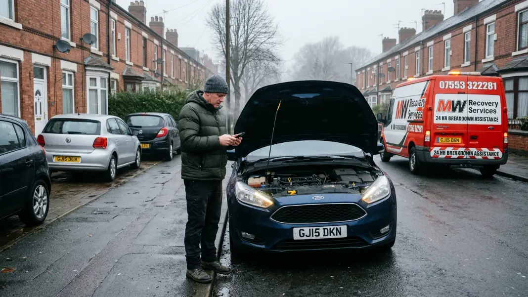 Driver with flat battery standing next to car with bonnet open in Oldham