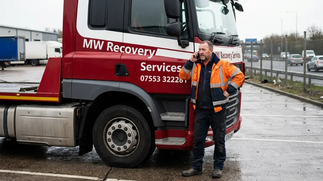 Self-employed HGV driver making a phone call by the cab
