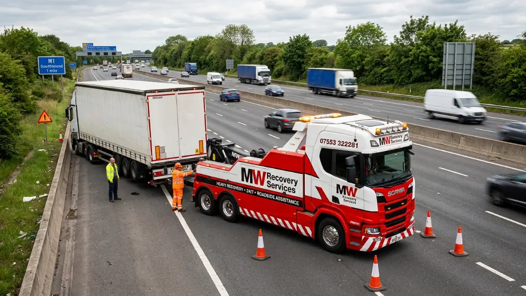 Recovery truck assisting a broken-down HGV on a UK motorway