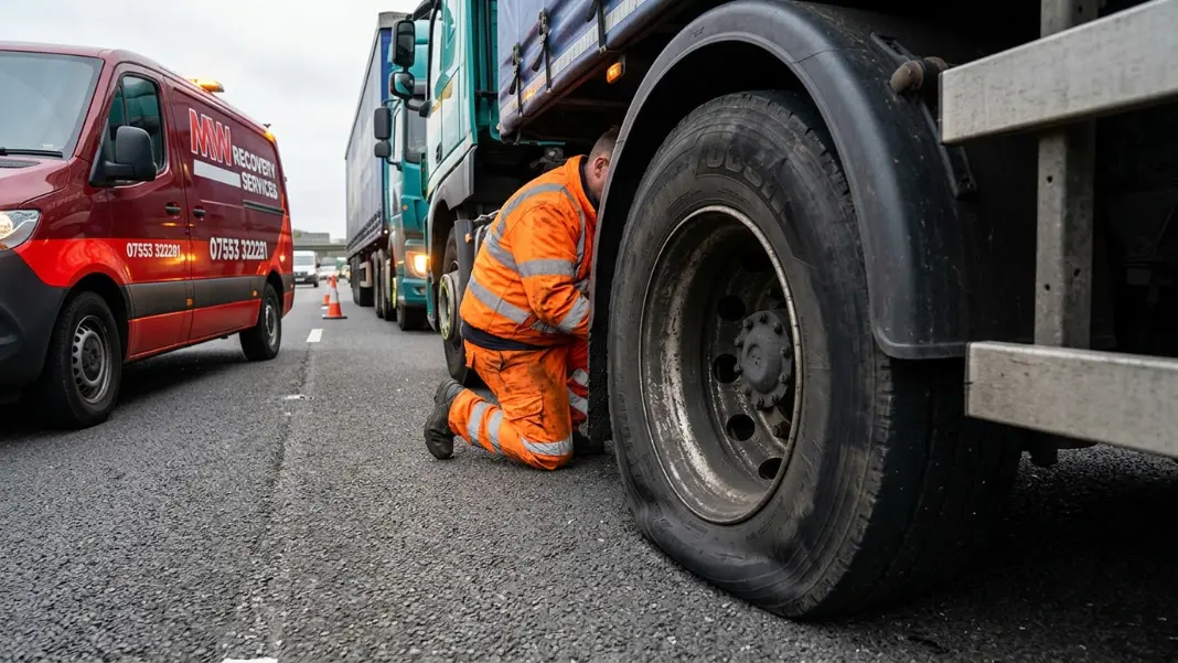 HGV flat tyre on motorway hard shoulder