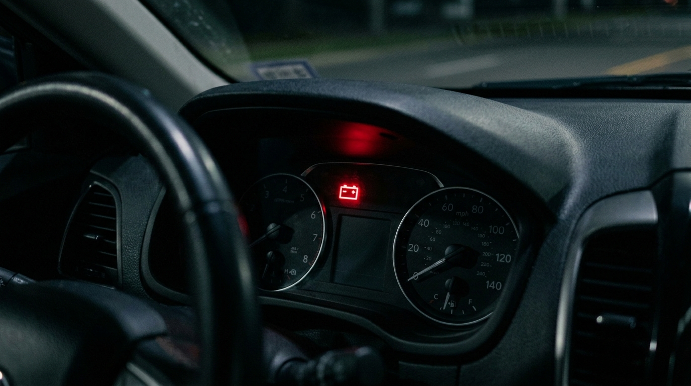 Battery warning light illuminated on car dashboard
