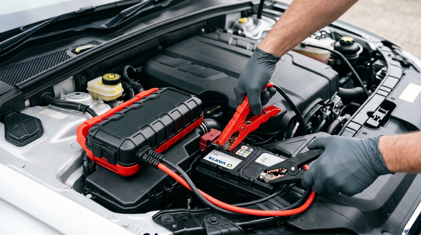 Professional jump starter connected to car battery terminals