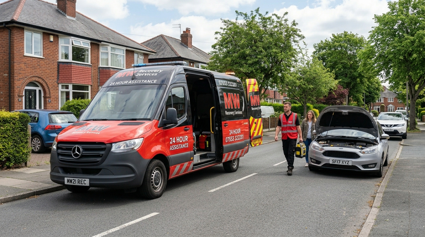 MW Recovery technician arriving to perform jump start service in Manchester