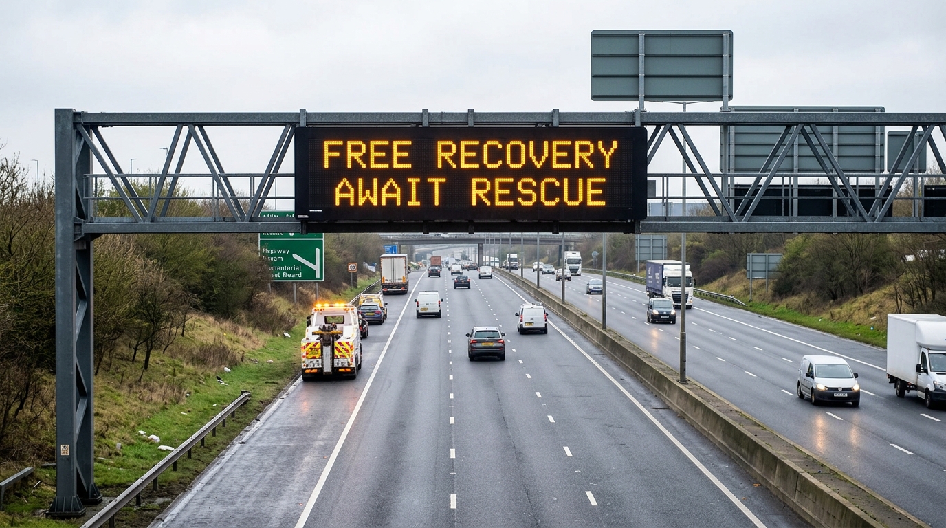 Smart motorway overhead gantry sign displaying Free Recovery Await Rescue message on a UK motorway
