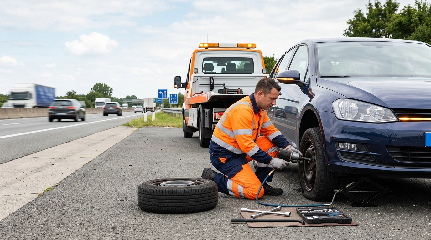MW Recovery Services flatbed truck collecting a car with pothole tyre damage in Manchester