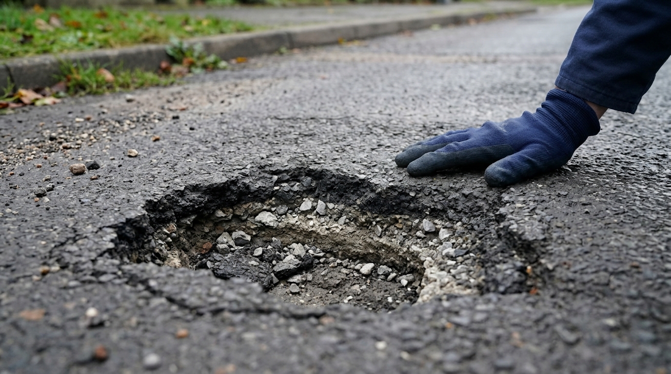 Deep pothole on a Manchester road beside a car with a flat tyre