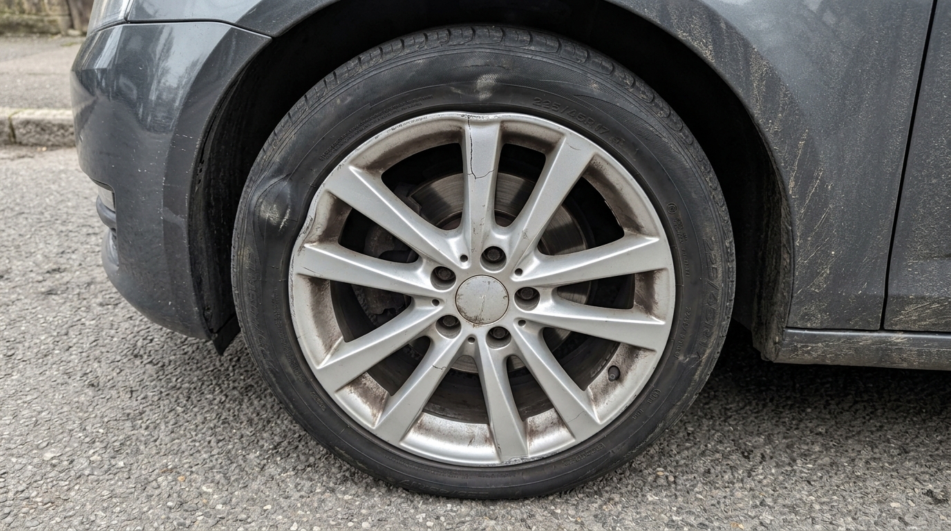 Cracked and buckled alloy wheel caused by pothole impact in Greater Manchester